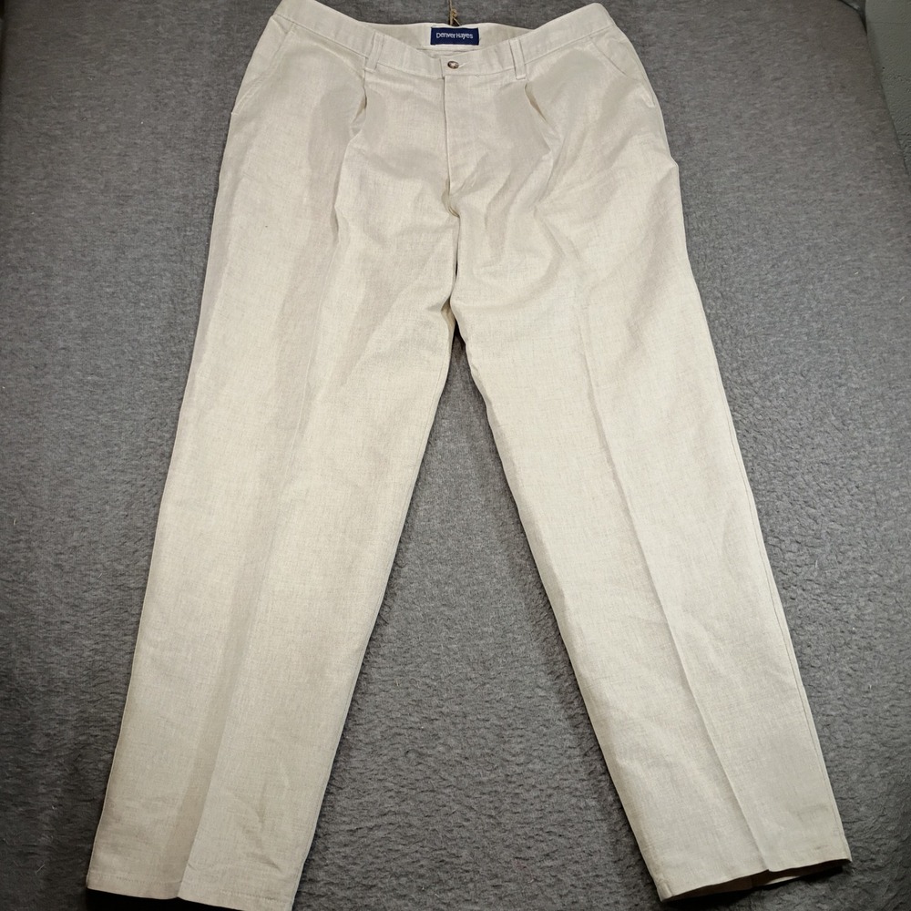 Vintage Denver Hayes Linen Pleated Trousers Pants Mens 40x32 Beige CANADA MADE